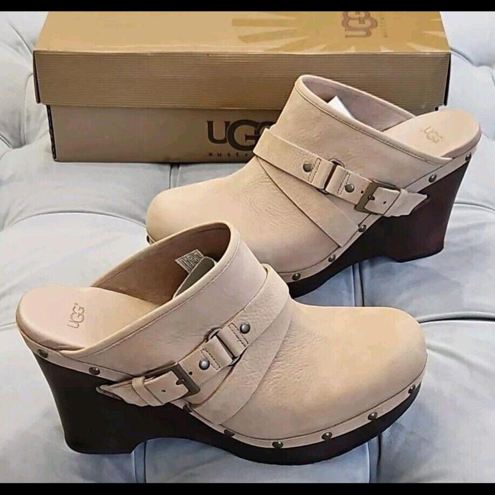 UGG Natalee Beige Leather Buckle Slip On Studded Platform Mules Womens Shoes 11 - Picture 5 of 15